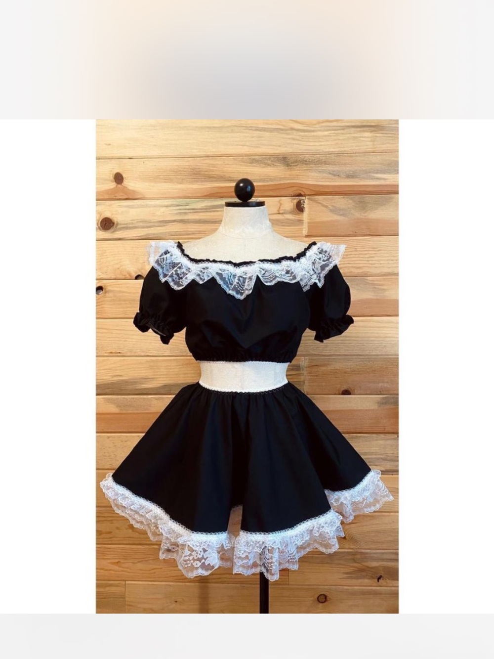 Handmade Black Lace Trim Two-Piece Crop Top & Skirt Set